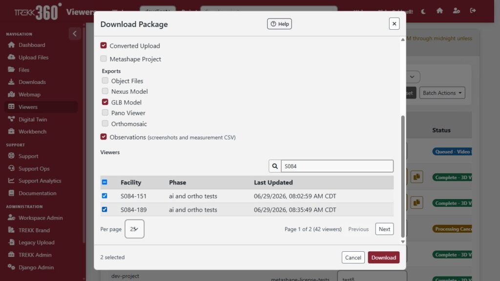 TREKK360 Portal deliverables screen with inspection reports and exports